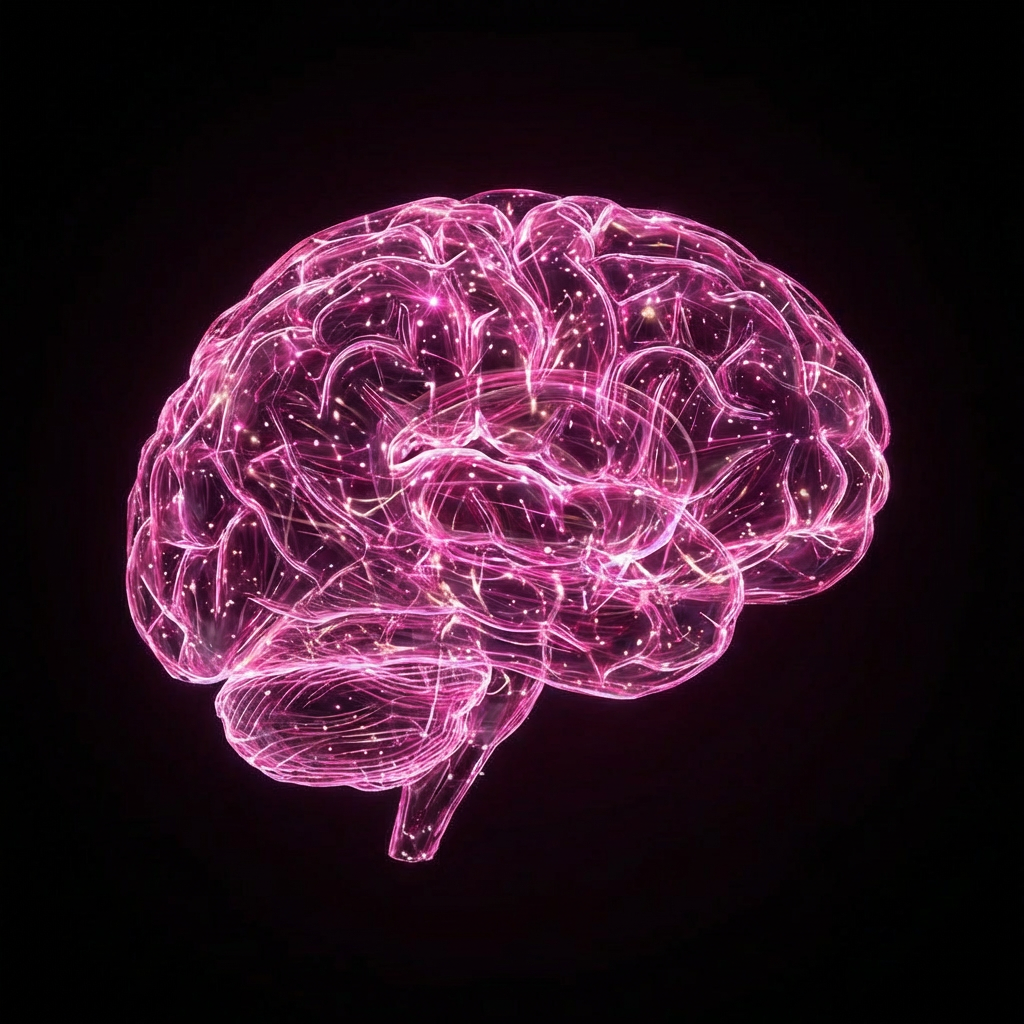 Stylized glowing human brain with neural pathways and sparkling light points on black background.