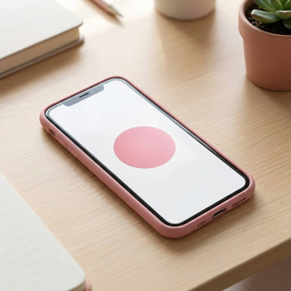 Smartphone with a pink case and a pink circle on its screen on a desk.