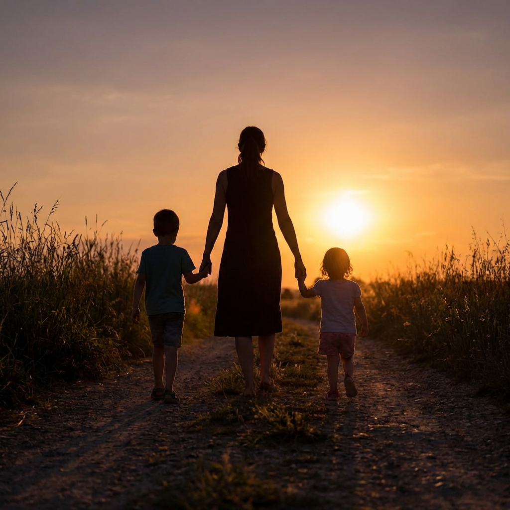 Silhouette of a woman and two children walking through a field at sunset.