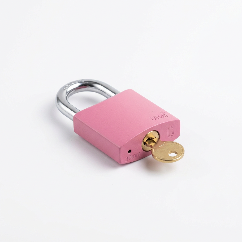 Pink padlock with a gold key inserted in the keyhole