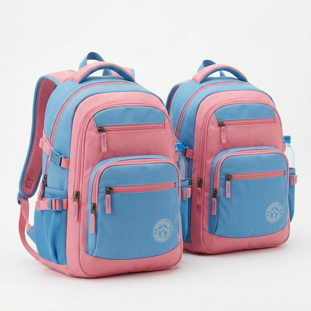 Blue and pink backpack with several zippered compartments and side mesh pockets including a water bottle