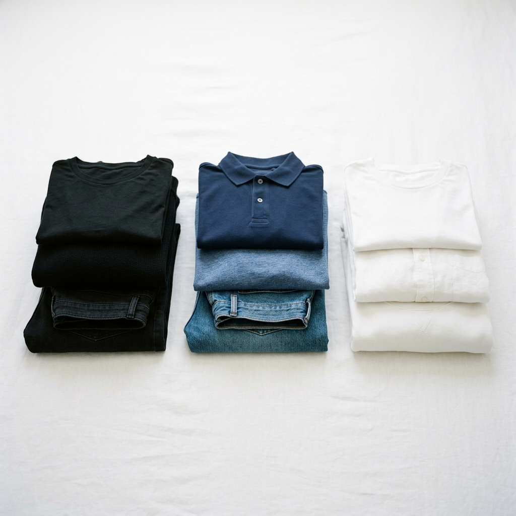 Three stacks of folded clothes in black, blue, and white colors arranged side by side