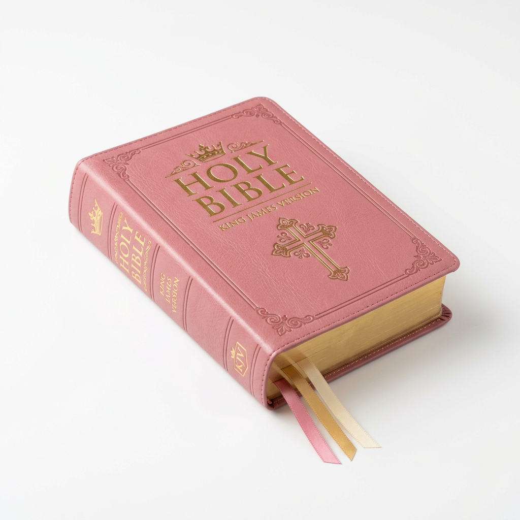 Pink King James Version Holy Bible with embossed gold text and decorative cross