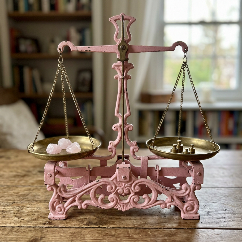 Pink vintage balance scale with rose quartz stones on one side and metal weights on the other
