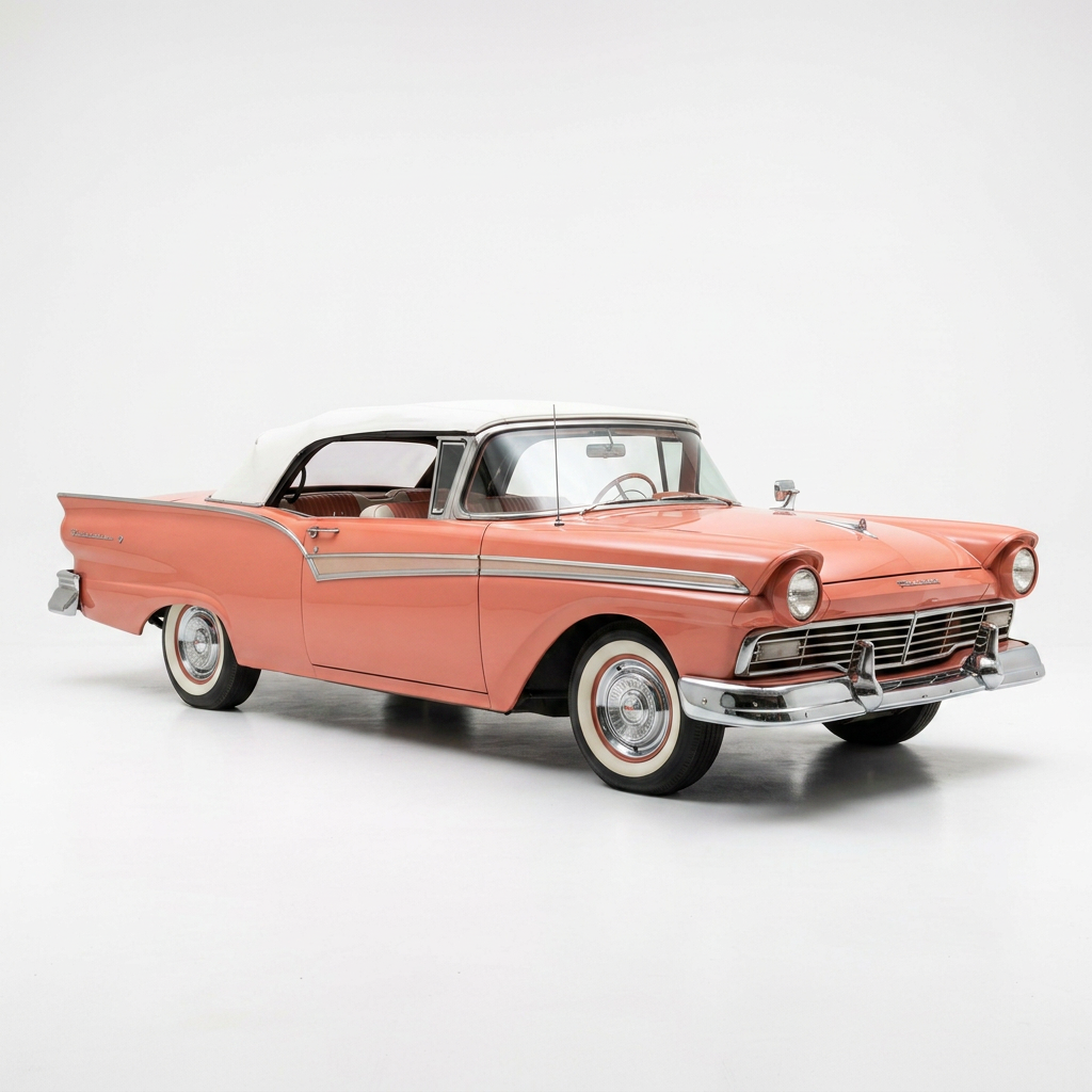 1957 coral and white Ford Fairlane convertible car with chrome details and whitewall tires