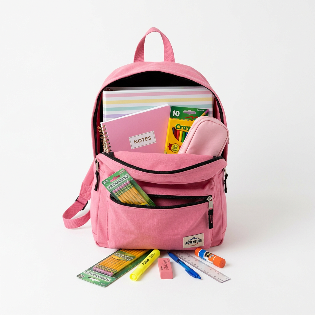 Pink backpack with notebooks, crayons, pencils, and stationery items