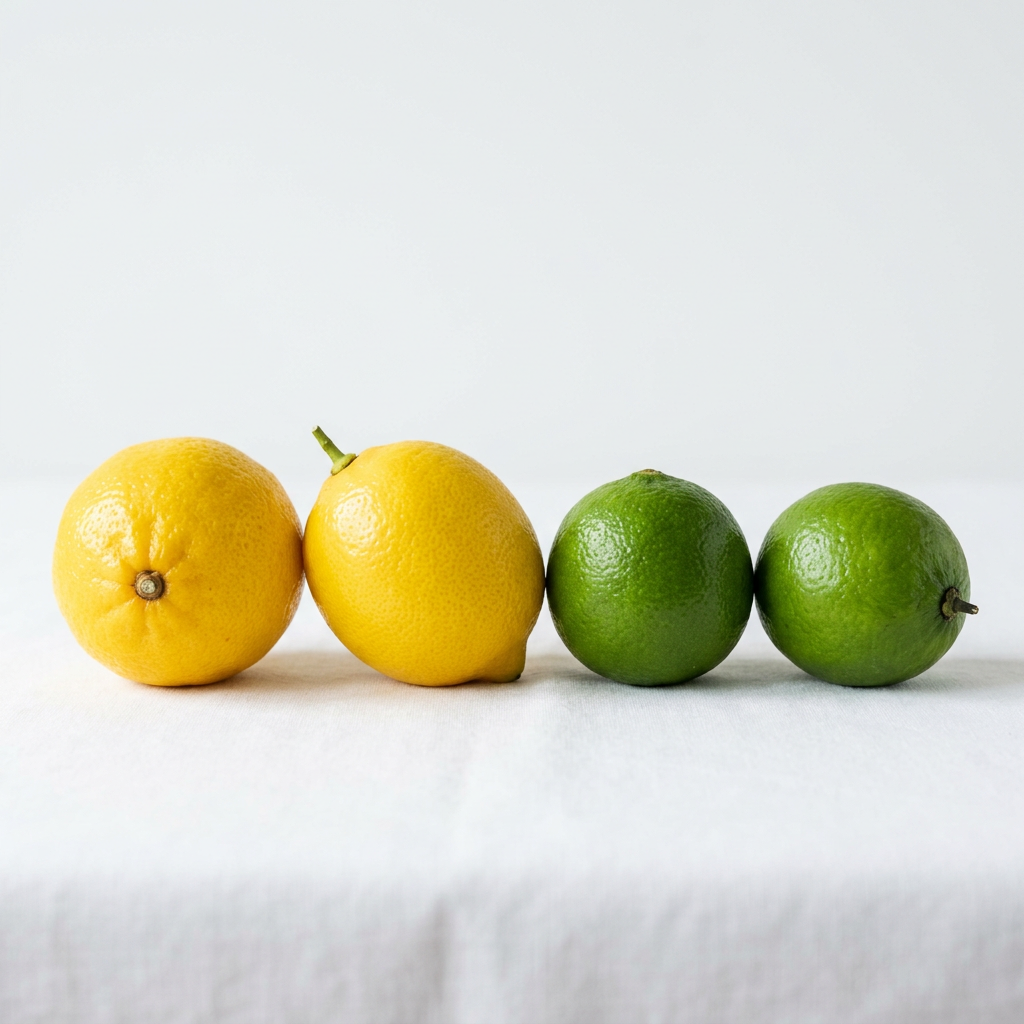 Two yellow lemons and two green limes arranged in a row