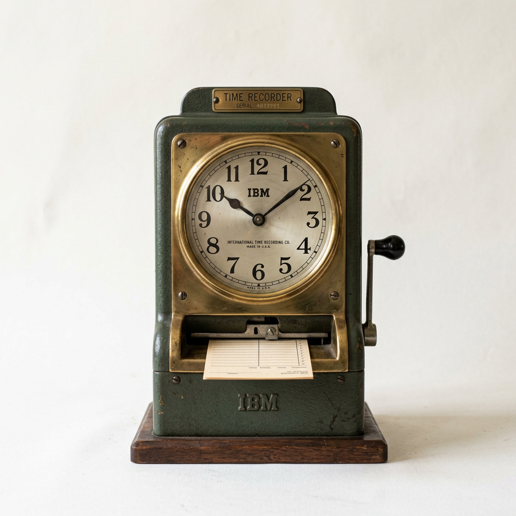 Vintage IBM time recorder with clock face, paper card, and hand crank